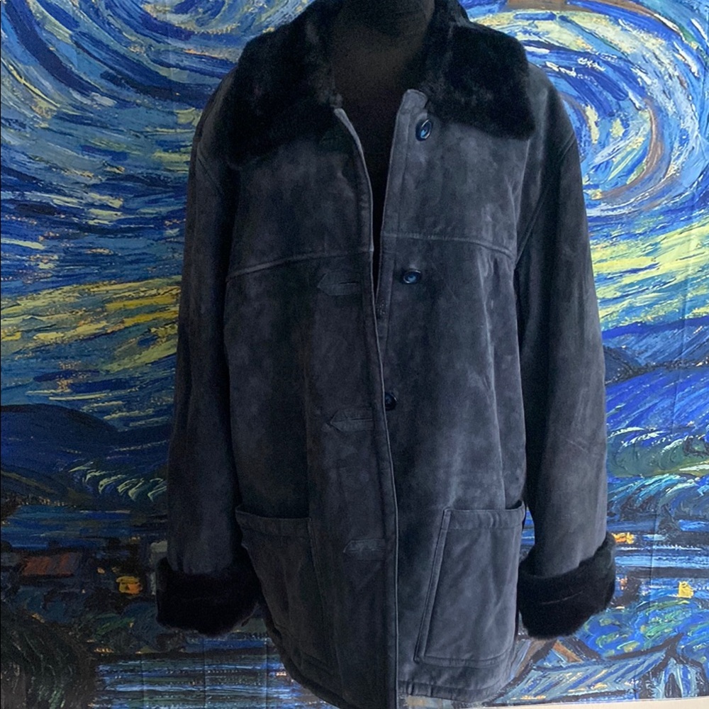 100% Genuine leather navy blue with faux fur Dennis Brasso coat.